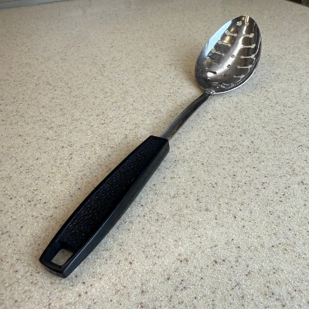 Vintage EKCO Slotted Spoon Chromium Plated Black Handle USA Kitchen Utensil